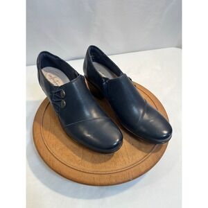Clarks Collection Women's Navy Leather  Side Zip Button Detail Block Heel Sz 8N